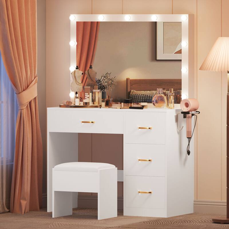 35.4" Mirror Makeup Vanity Table with Stool and Light Bulb - 35.4''L x 15.7''W x 53.5''H