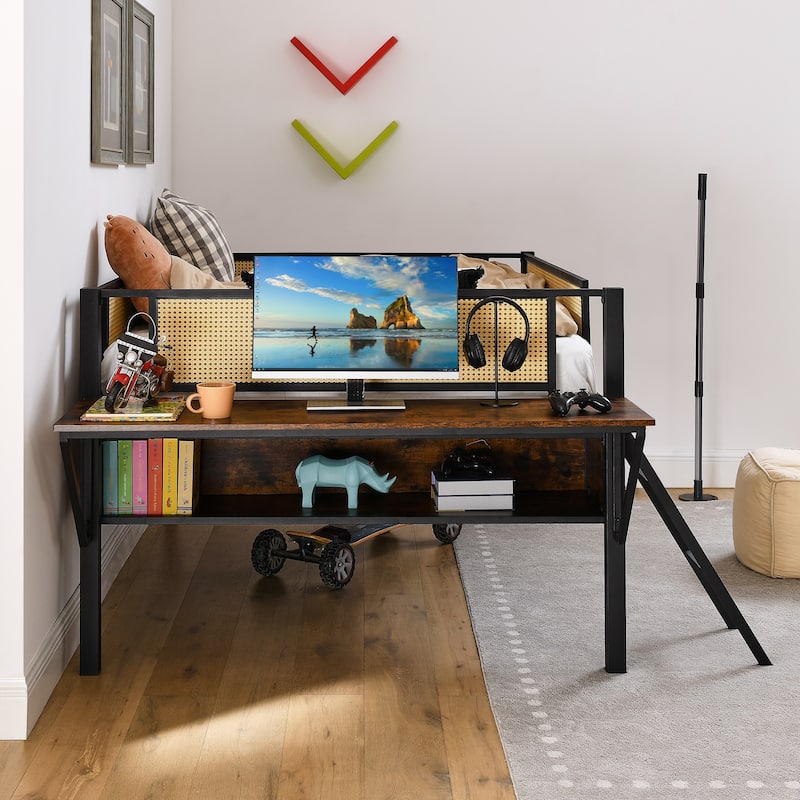 Metal loft Bed With Desk,LED loft Bed Frame Double Bed,Shelves,hanging compartments,safety guard,ladder,no box springs required