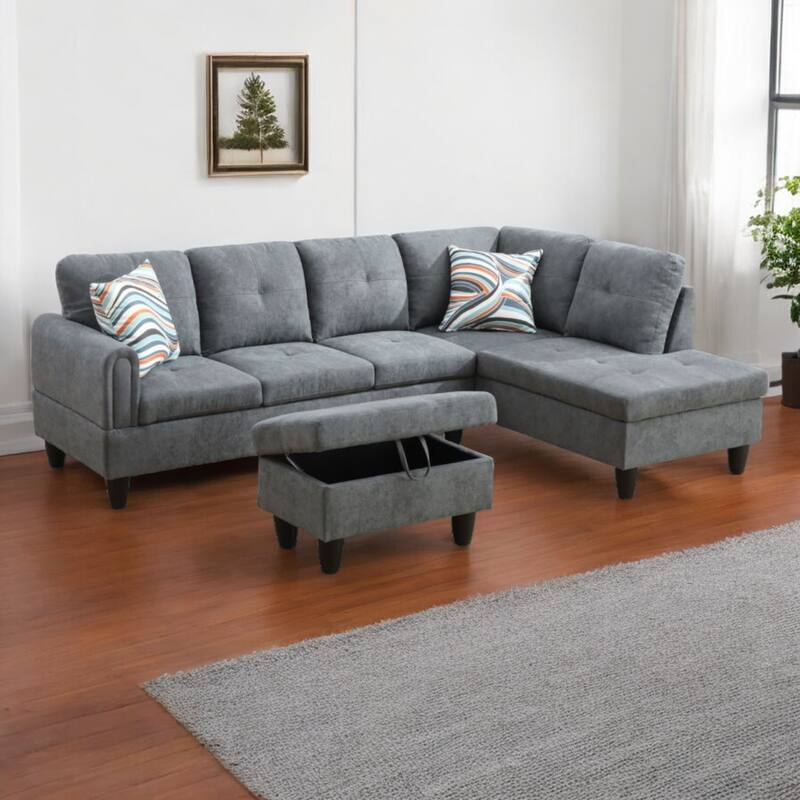 KISRAIS 97" Wide 3-Piece Upholstered Sectional Sofa Set for Small Spaces - Dark Grey Flannel - Right Facing