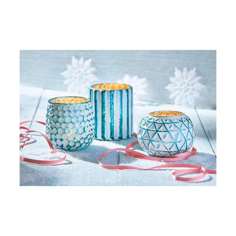 Angela Coastal Turquoise White Glass Tealight Candle Holder for Tabletop Mantel Wedding Decorations, 3.2 inch - Blue