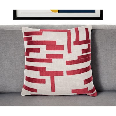 HomeRoots 24" Red and Ivory Geometric Cotton Blend Throw Pillow With Embroidery