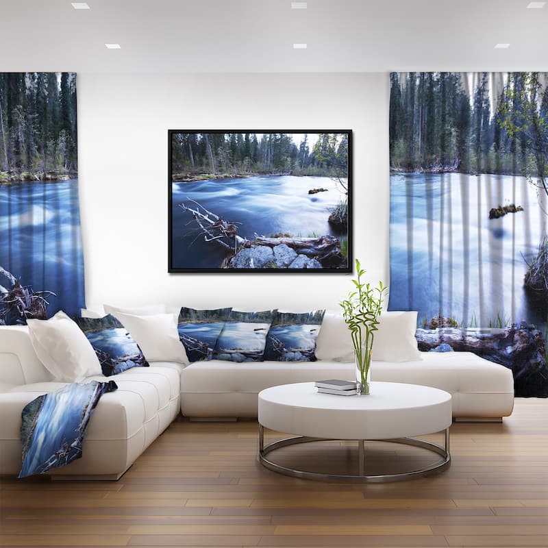 Designart "Blue River in Forest At Evening" Oversized Landscape Framed Canvas Art