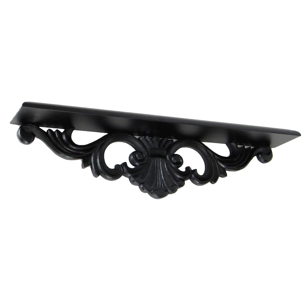 Hand Carved Wooden Wall Shelf with Floral Design Display, Black