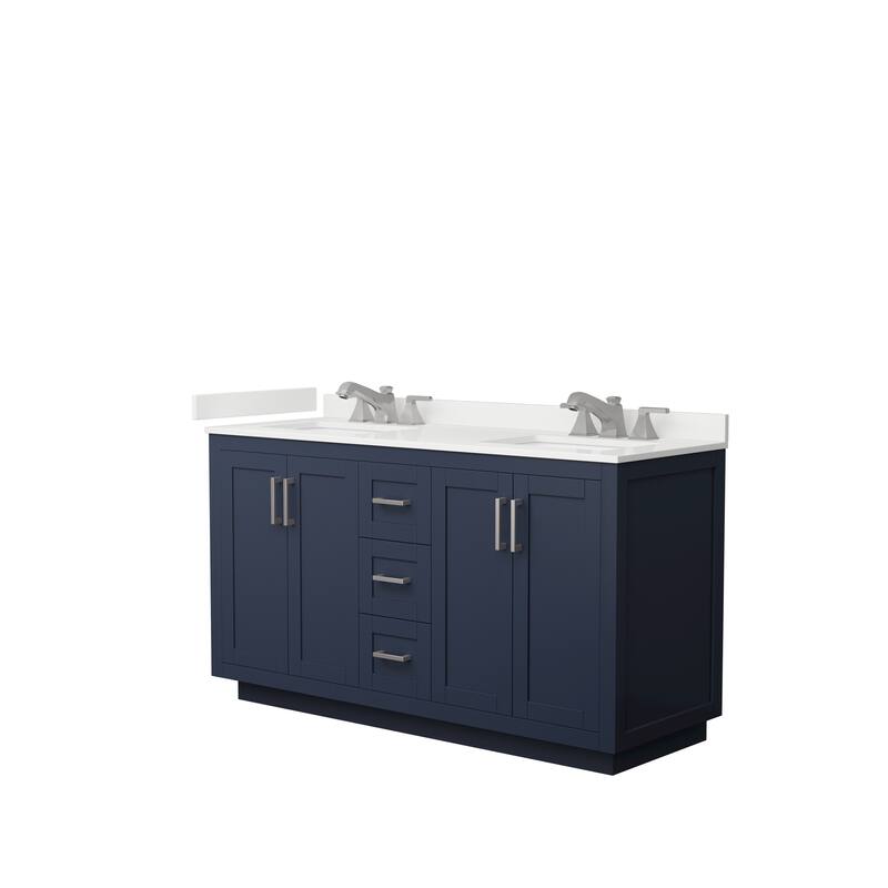 Miranda 60-inch Double Vanity, Quartz Top - Dark Blue, Nickel Trim, White Quartz Top