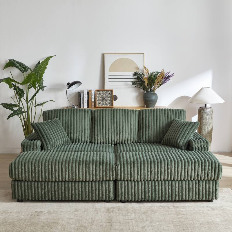 Anmytek 84 Inch Corduroy 3-Seater Comfy Deep Seat Sofa for Living Room with Storage Cup Holders Ottomans and Pillows