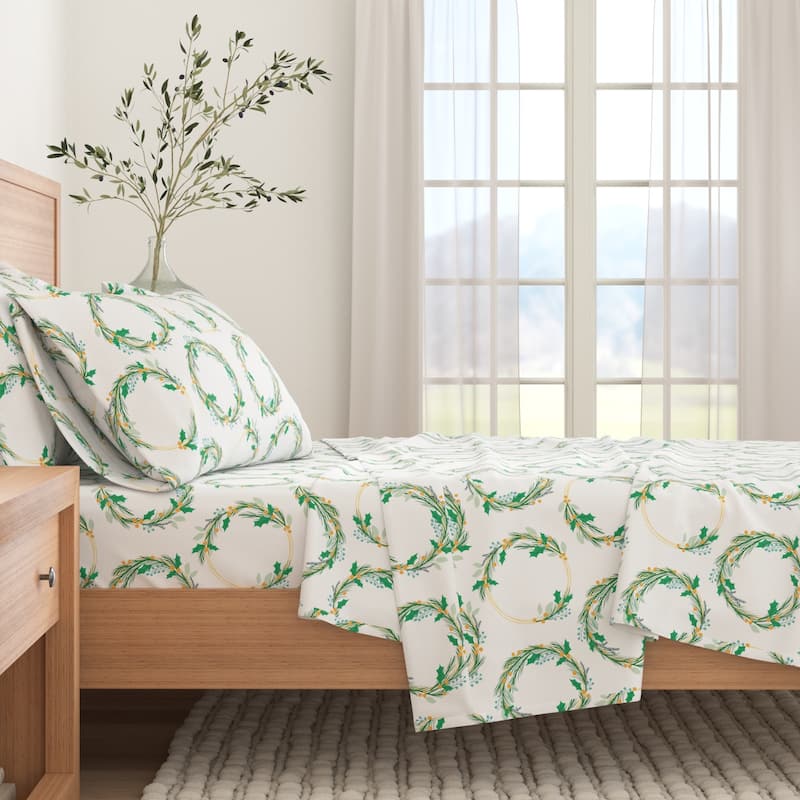 Linery & Co. Winter Turkish Cotton Double-Brushed Flannel Bed Sheet Set - Twin - Wreath