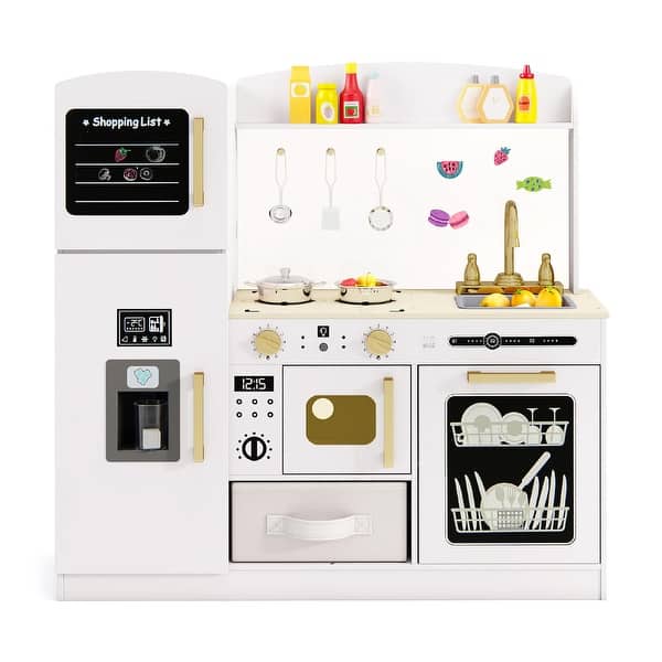 slide 2 of 19, Wooden Play Set Kitchen MDF Stainless Steel Lighted Microwave Ice Maker Ample Storage for Kids 3 Years Old and Up White