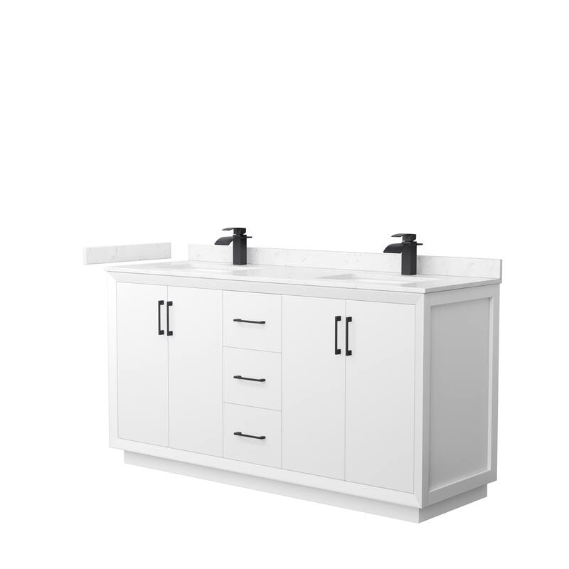 Strada 66-Inch Double Vanity Set, Cultured Marble Top - White, Black Trim, Carrara Cultured Marble Top