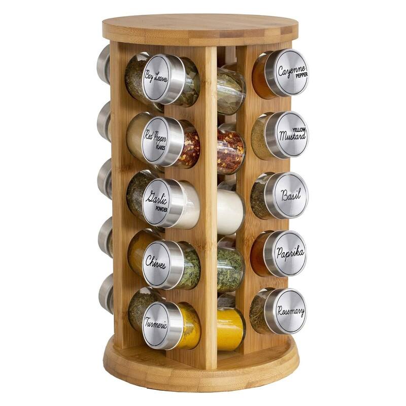 20 Jar Dark Acacia Wood Spice Rack with Spices Included - ‎12.1"D x 13.6"W x 14.9"H - Bamboo