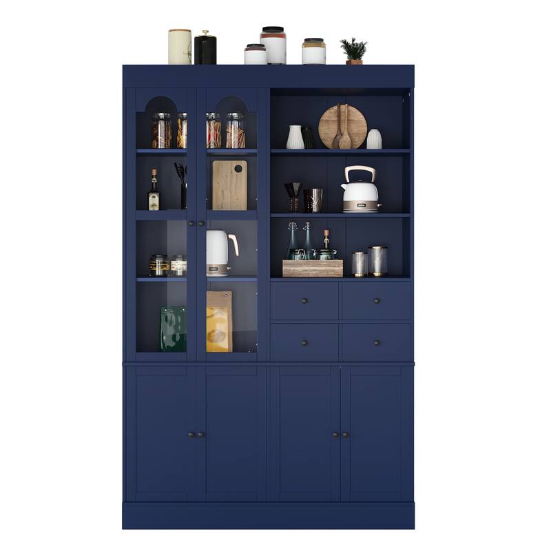 Roomfitters 75 Inch Tall Kitchen Pantry Buffet Hutch with 4 Drawers and Glass Doors, Shaker Style