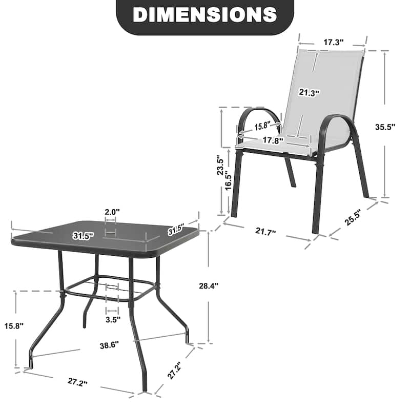5-Piece Outdoor Dining Set, Textilene Stackable Chairs ang Square Table with Umbrella Hole