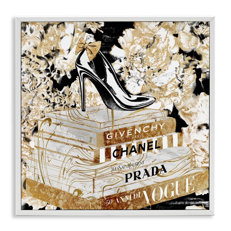 Stupell Fashion Heels and Books Black Gold Designer Details Framed Wall Art,12x12 - 24 x 24 - White
