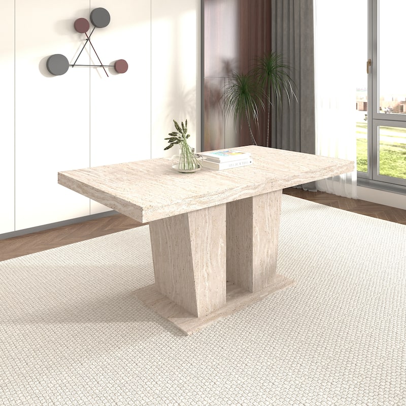 Extendable Dining Table Meeting Table, Wood Kitchen Table for 6-10, Large Office Table with Veined Travertine Pattern