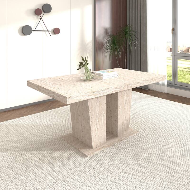 Rectangular Extendable Dining Table, Suitable for 6-10 People, with Veined Travertine Pattern, Dimensions 160-200 cm - Beige