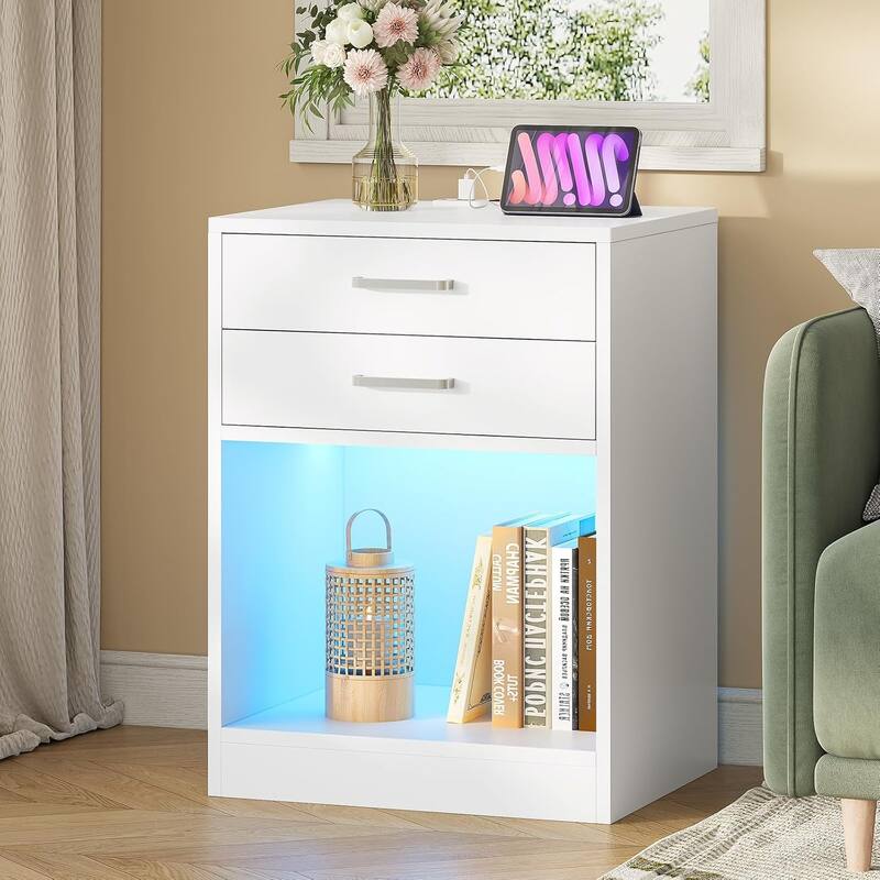 LED Nightstands Set of 2 Nightstand Bedroom Power Outlets 2 Drawers