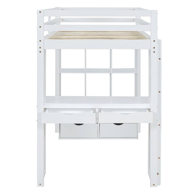Twin Size Loft Bed With Large Shelves, Writing Desk And Led Light