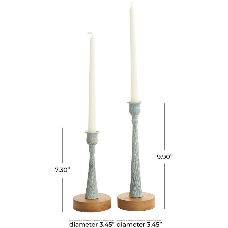 Cream or Light Blue Metal Textured Tapered Candle Holder with Brown Wood Bases (Set of 2)