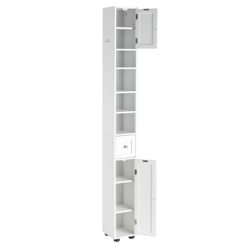 White Bathroom Storage Cabinet Narrow With 1 Drawer 2 Doors 4 Tiers