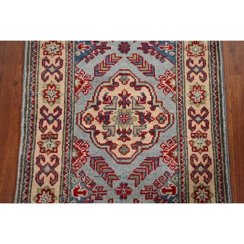 Light Blue Kazak Oriental Runner Rug Handmade Wool Carpet - 2'1" x 5'10"