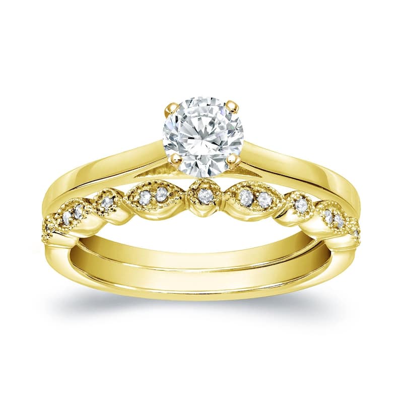 Auriya 14k Gold 1/2ctw Vintage Round Solitaire Diamond Engagement Ring Set - Yellow - 4