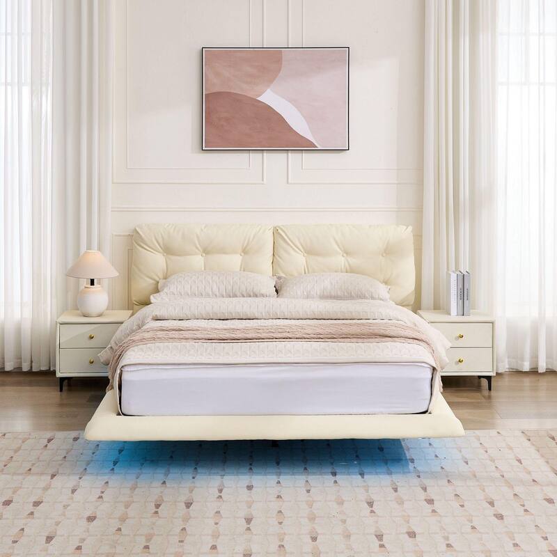 Queen Size LED Upholstered Platform Bed with Button-Tufted Headboard, Easy Assembly, No Box Spring Needed, White