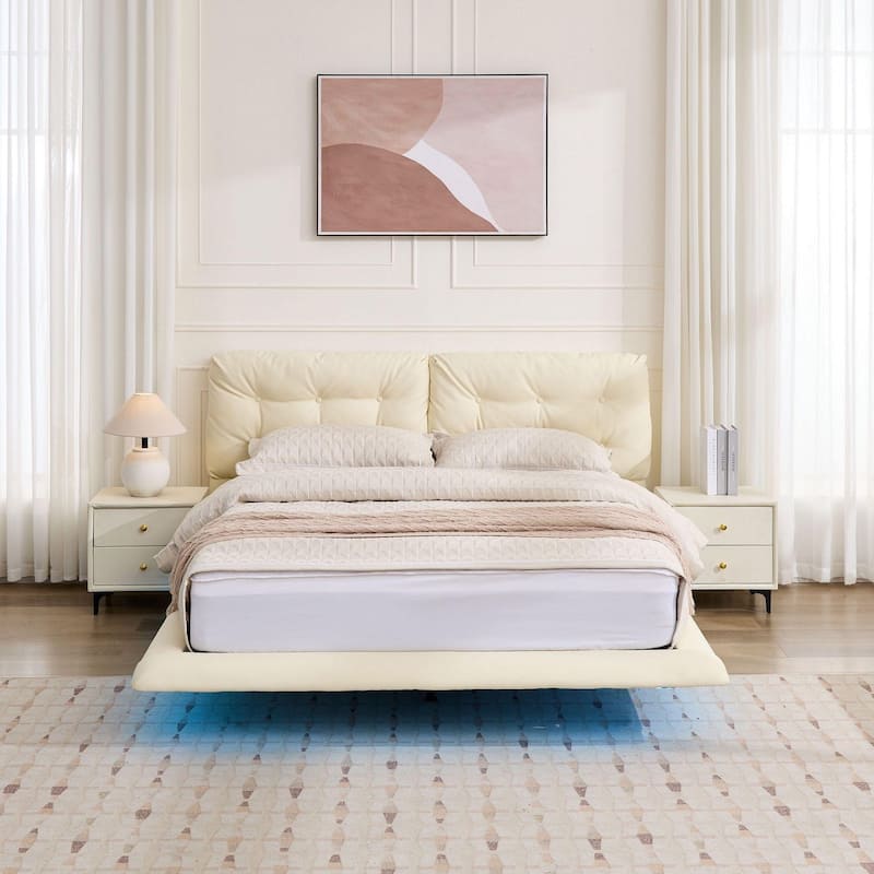 Queen Size Upholstered Floating Bed Frame with LED Lights, PU Leather Platform Bed with Button-tufted Headboard