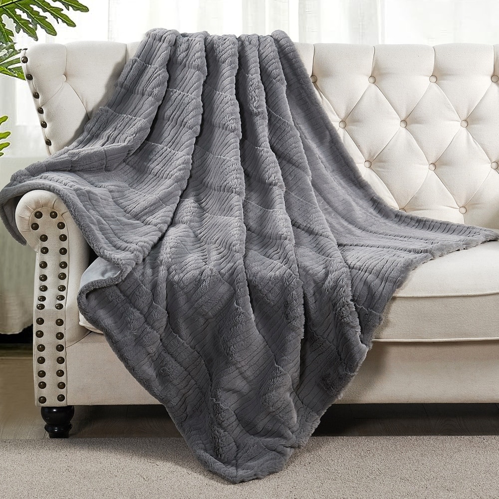 Sculpted Stripe FauxFur Throw Super Soft Cozy Blankets for Couch