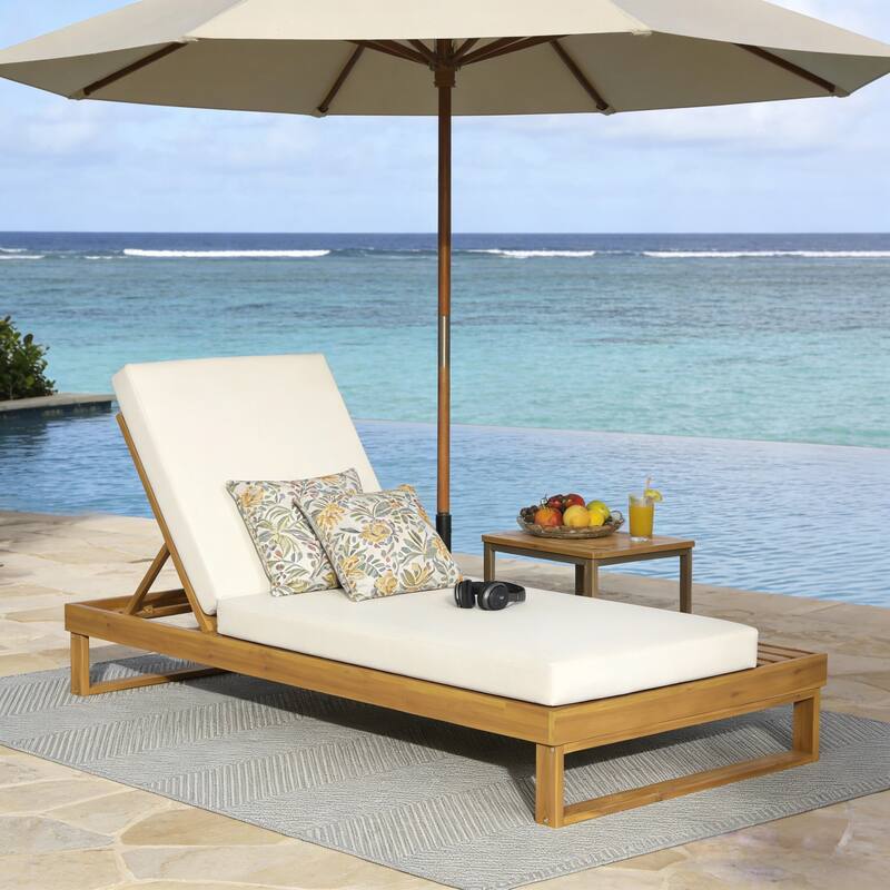 Christopher Knight Home - Modern Outdoor Acacia Wood Chaise Lounge with 4-Position Adjustable Backrest & 3-Fold Cushion
