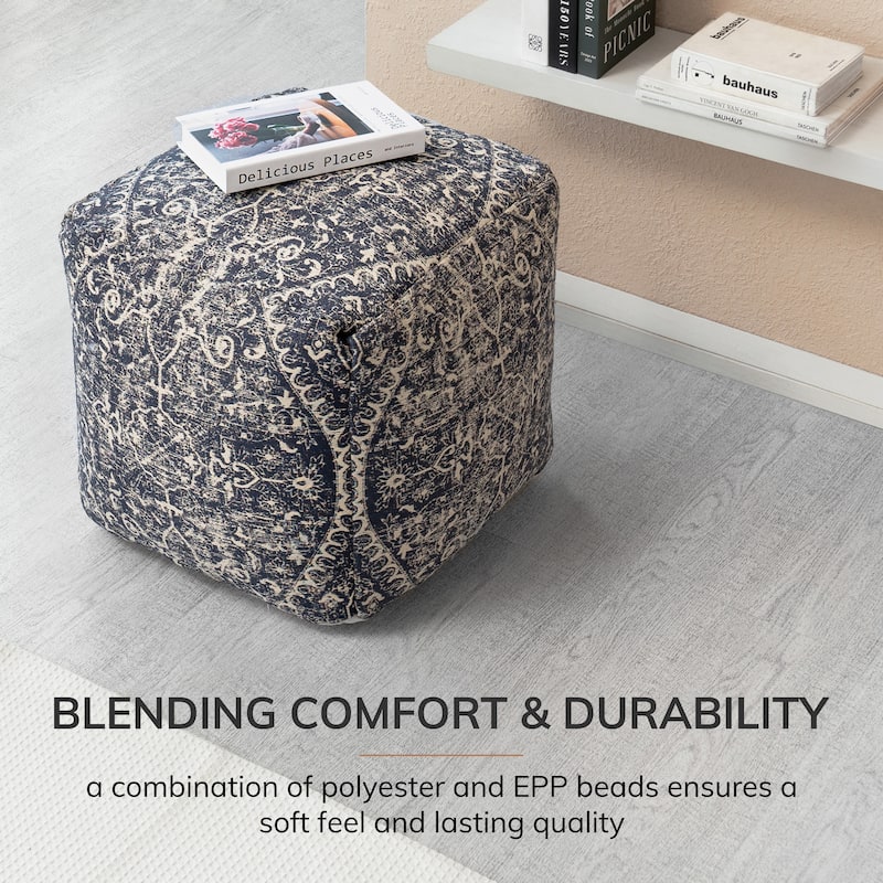 Jani Hanalei 20-inch Blue & Ivory Square Pouf Ottoman - Handmade Footrest for Living Room, Bedroom, Nursery, Kidsroom