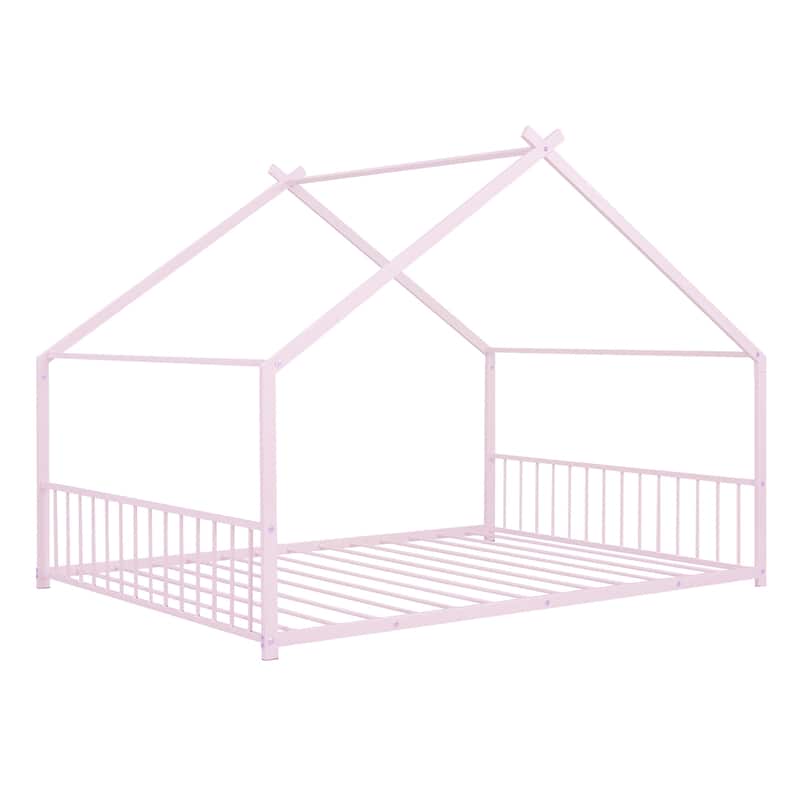 Metal House Bed with Roof, Fence, and Back
