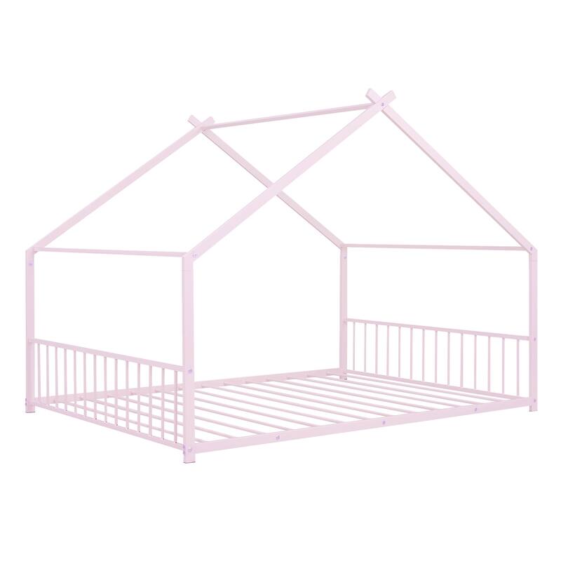 Twin/Full Size Montessori Floor Bed for Kids, Metal House Bed Frame w/Fence & Roof, Kids Playhouse Bed, Metal Platform Bedframe