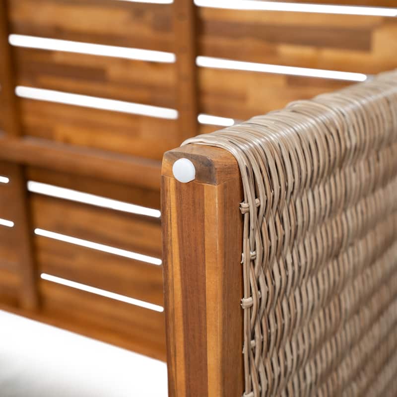 Christopher Knight Home - Rowan Outdoor Acacia Wood Dining Set with Handwoven Rattan Details and Slatted Tabletop