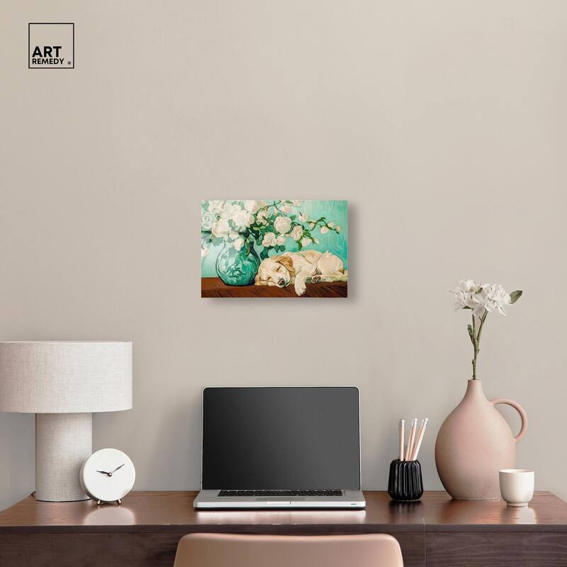 Rose Vase Puppy Acrylic by Art Remedy, Ready to Hang