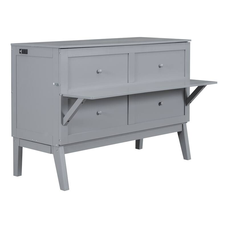 Pine Wood Murphy Bed Frame Built-in Desk Charging Station Bed Chest