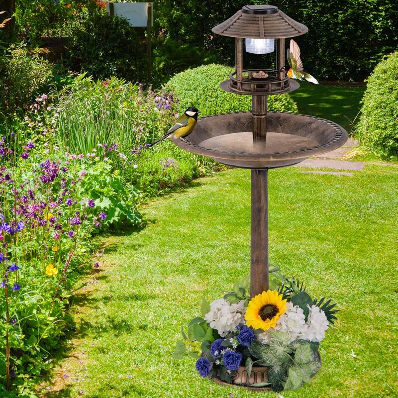Costway 3-In-1 Pedestal Bird Bath with Solar Light with Bird Feeder & - See Details