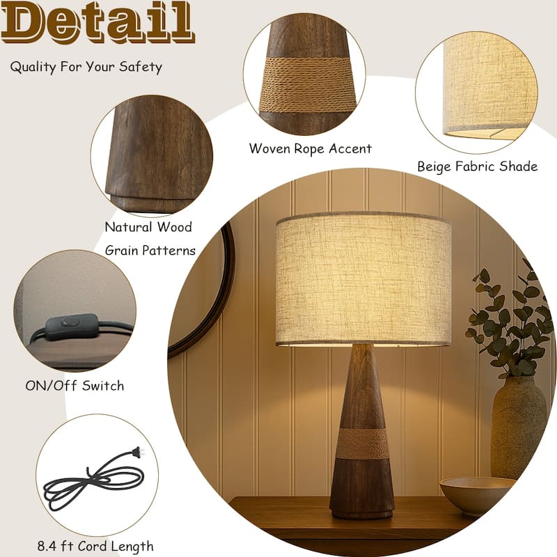 28'' Farmhouse Honey Brown Wood Bedside Table Lamp Classic Dome Beige Fabric Shape Nightstand Lamp for Bedroom, Living Room