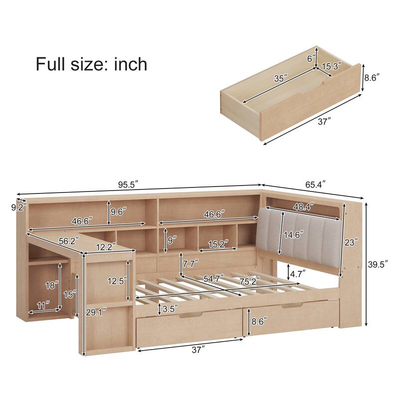 L-shaped Bookcase Daybed Wooden Corner Bed Twin Size Bed Built-in Work Desk, Hidden Headboard Storage, Under-bed Drawers, LED