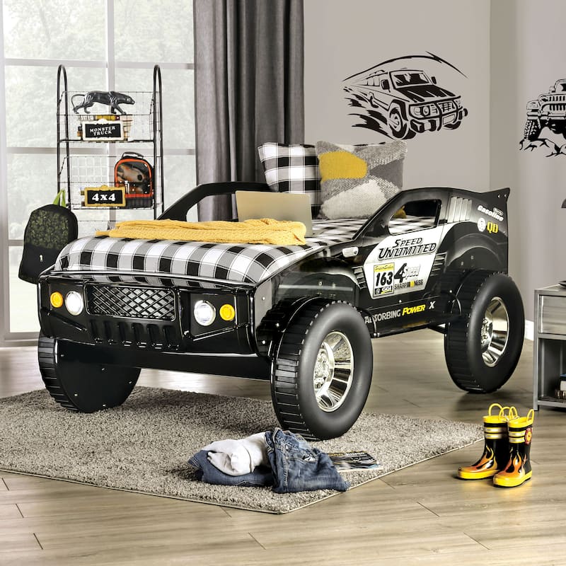 Toto Modern Black Twin Off-road Car Kid Bed with Wheels by Furniture of America