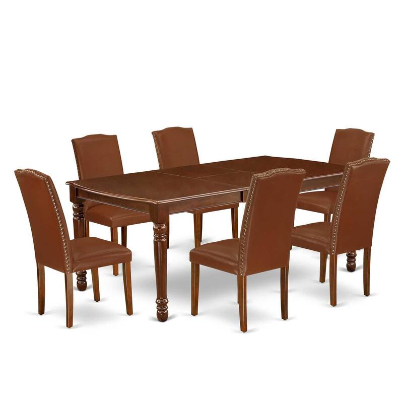 Vintage Dining Set 7Pc Rectangle Table w/ Leaf & 6 Parsons Chairs - Mahogany Legs, Brown Faux Leather