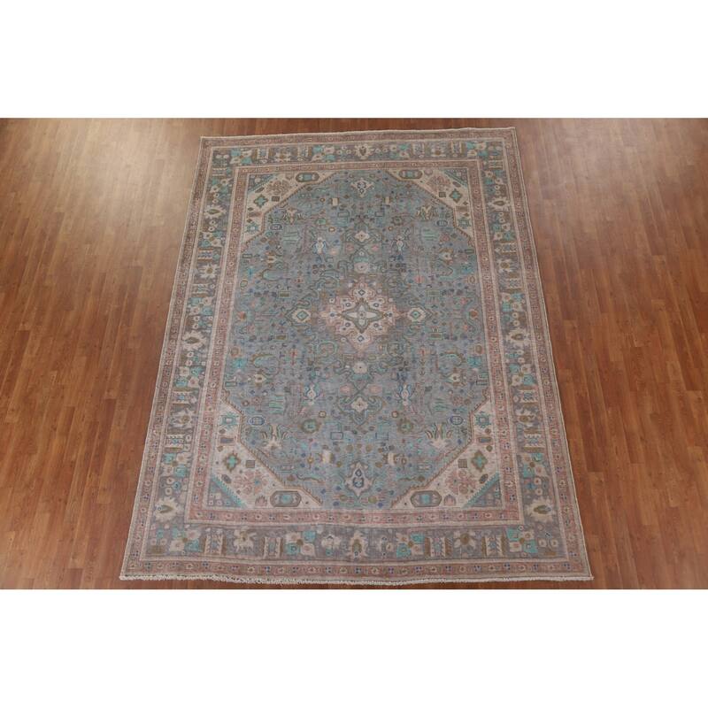 Geometric Blue Tabriz Persian Antique Area Rug Handmade Wool Carpet - 8'0" x 10'10"