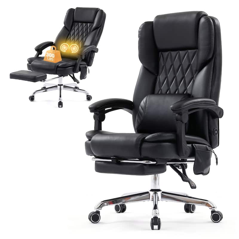 Executive Desk Chair with Massage 3D Kneading Footrest Reclining Lumbar Support - Black