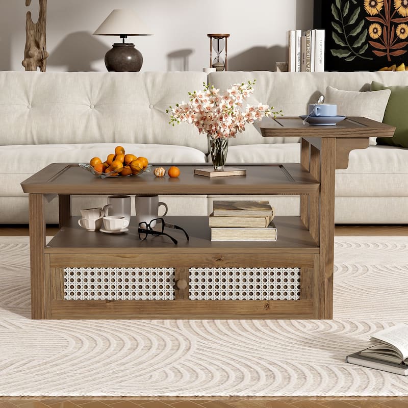 Roomfitters Modern Coffee Table with Open Shelf, Dual Tabletops and Rattan Accent Storage