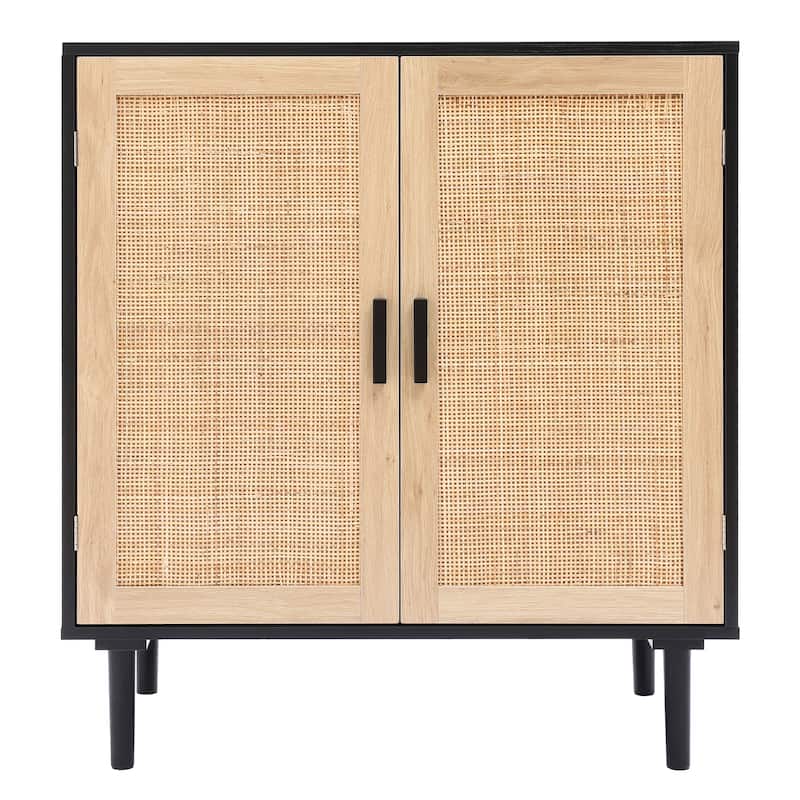 2-Door Rattan Storage Cabinet-Light Oak and Black Wood