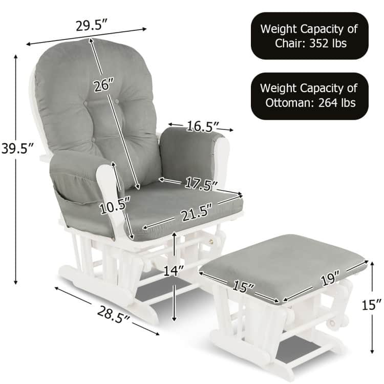 Solid Wood Gliding Chair Set with Storage Pockets and Ottoman for Relaxing - 29.5" x 28.5" x 39.5" (L x W x H)