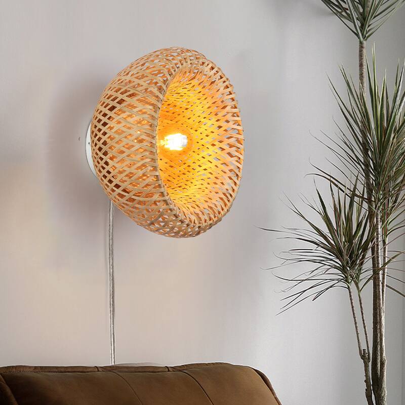 Farmhouse Wicker Wall Lamp Fixture Plug in Cord Bamboo Handmade Mounted Sconces for Living Room, Bedroom - Yellow
