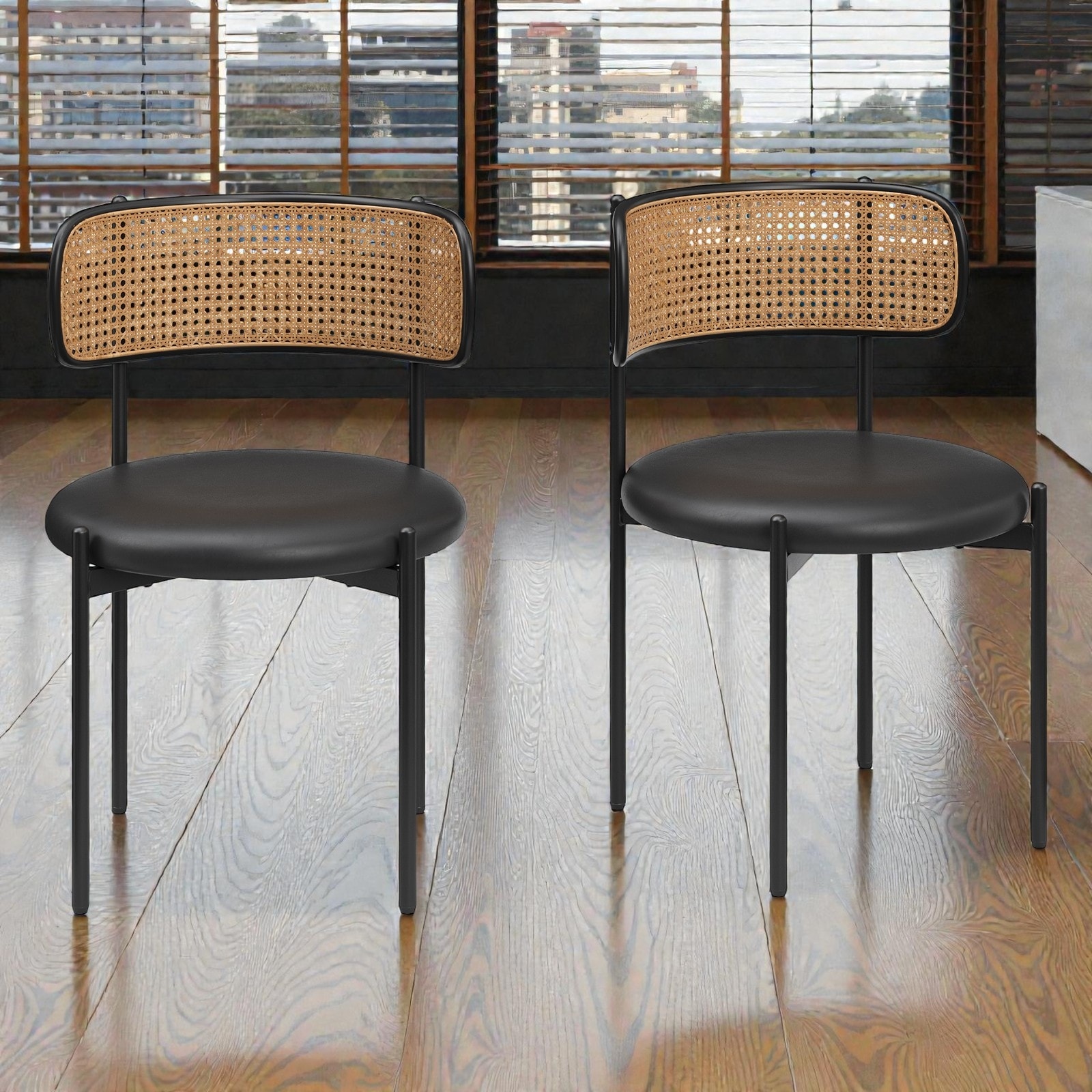 Set of 2 Dining Chairs with PU Leather Upholstered Seats and Woven Rattan Backs, Metal Leg Side Chairs, Accent Chair