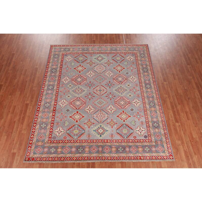 Hand Knotted Oriental 100% Wool Carpet Traditional Geometric Greys & Charcoal Kazak Area Rug - 9' 9'' X 8' 2''