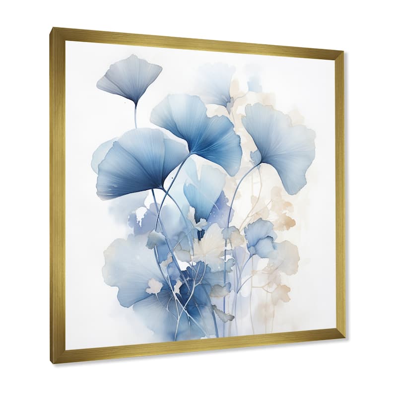 Designart "Delicate Blue Ginko Leaves On White Watercolor" Leaves Framed Wall Art Living Room