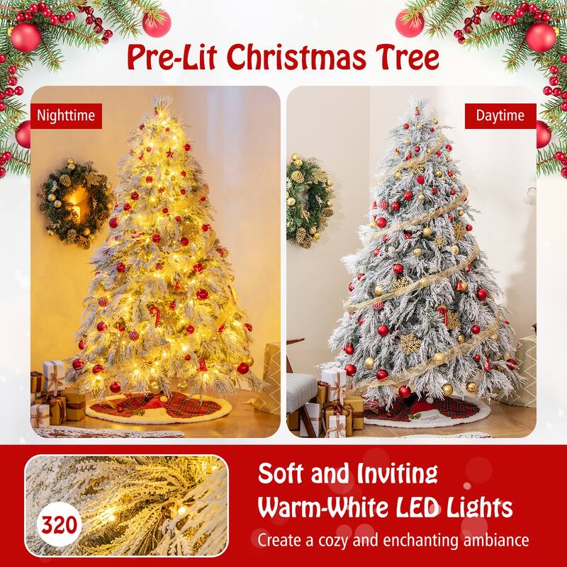 Gymax 4.5/6/7 FT Pre-Lit Artificial Christmas Tree Snow Flocked Full