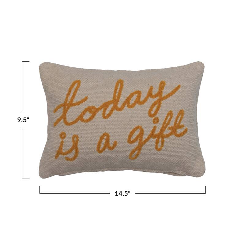 Embroidered Cotton Lumbar Pillow with "Today Is A Gift" In Script